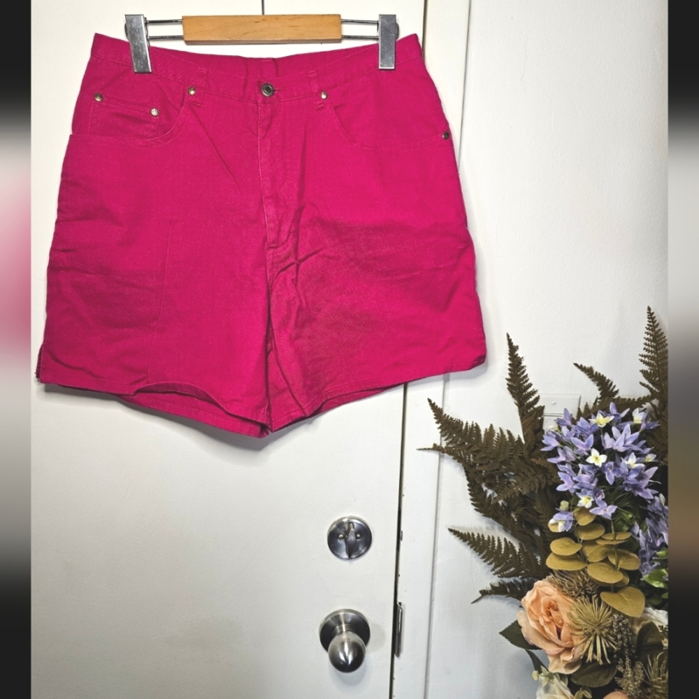 Hot Pink Denim Mom Shorts - Vintage High Waist 100% Cotton